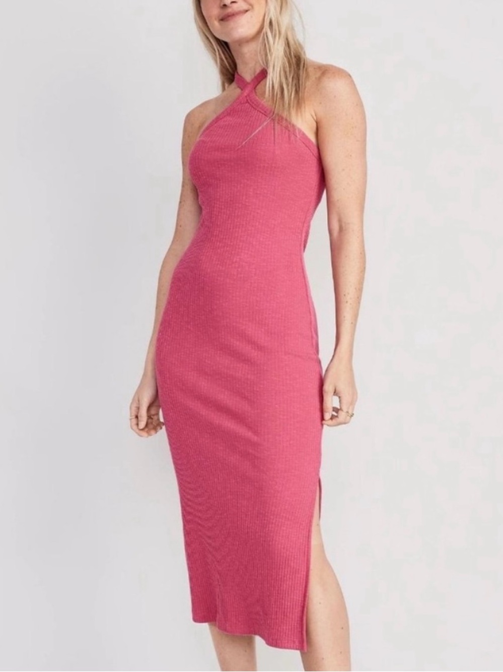 Old Navy Rose Pink Halter Ribbed Midi Dress